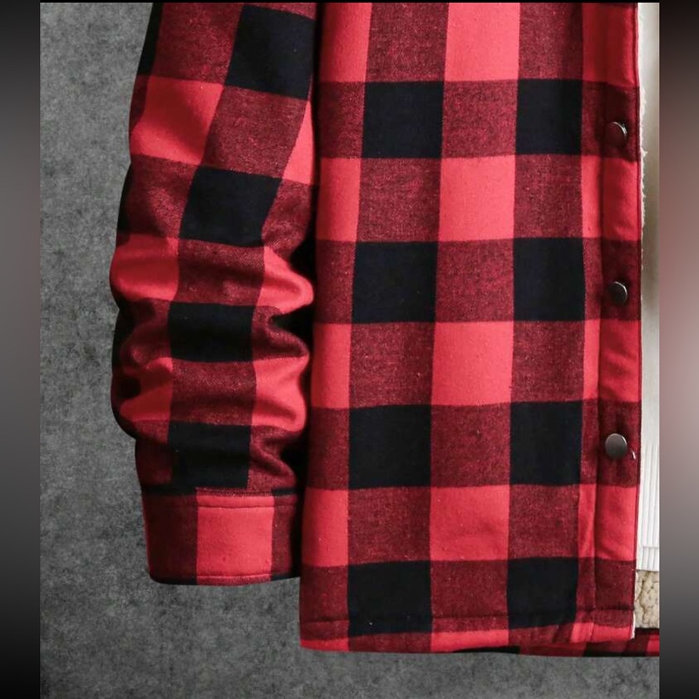 Buffalo Plaid Print Borg Collar Flap Pocket Jacket - Picture 4 of 9